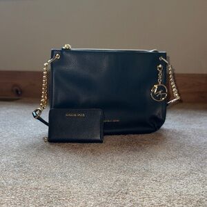 Michael Kors Navy Blue Leather Shoulder Bag with Gold Accents & matching wallet